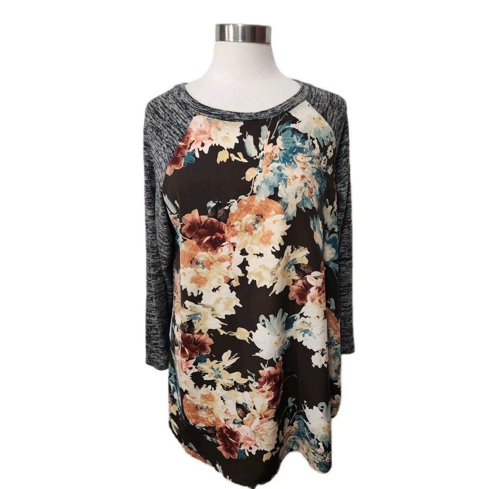 Eloges Womens Tunic Top Xl Brown Floral Long Sleeve Pullover Heather Knit Back